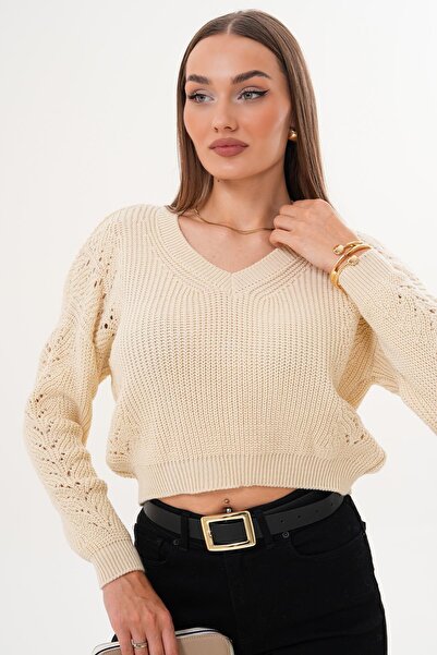 ŞİMAL Women's V-Neck Sleeves Patterned Knitwear Knitted Sweater 255111 -