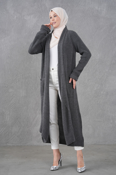 4S1B FASHION Anthracite Knitwear Fabric Double Pocket Shawl Collar Long Hijab Clothing Cardigan 5001