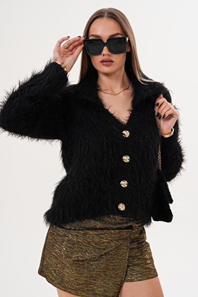 ŞİMAL Γυναικείο πλεκτό μπουφάν με λεπτομέρεια από πούπουλο και κλείσιμο με κουμπιά 255088 -