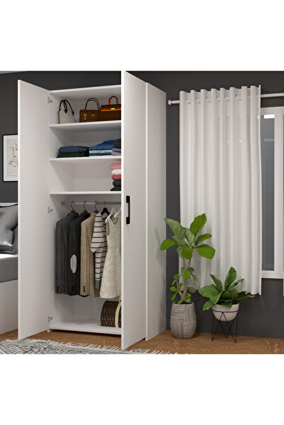 MOBİLİQUE Retro-9 Askılı 3 Raflı 2 Kapaklı Gardırop Beyaz
