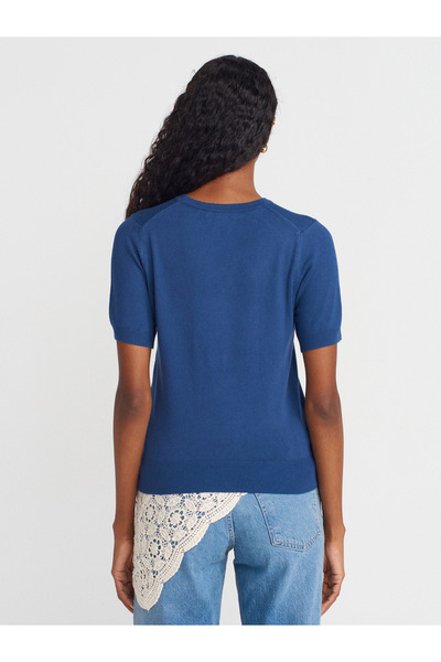 Dilvin 10779 Crew Neck Short Sleeve Basic Knitwear Blouse-Indigo