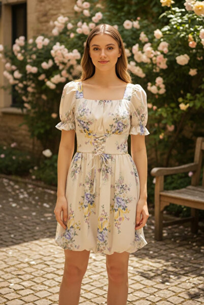 BUSEM Φόρεμα με λουλουδάτο σχέδιο με κορδόνια μπροστά, πέτρινο μωβ