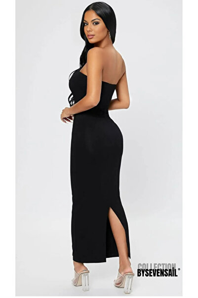 by sedat design Bss Kadın Siyah Straplez Kesim Yırtmaçlı Ipek Jarse Maxi Elbise