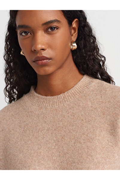 Dilvin 10640 Pulover tricotat cu textura moale cu gât rotund - Bej Mel.