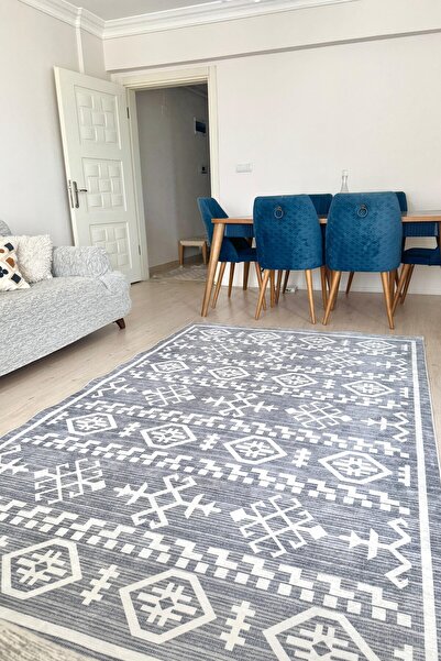 VOPTEKS Gri Beyaz Halı Salon Halısı Makinede Yıkanabilir Halı Kaymaz Taban Halı