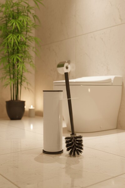 Sas Haus Vintage White Wc Toilet Brush – Stand with Metal Closed Bowl, (8.5 X 36 cm) Ergonomic Handle, Hygienic