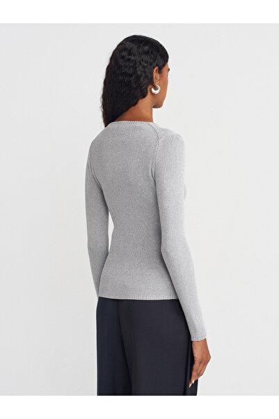 Dilvin 10803 V-Neck Glitter Knit Sweater-Grey