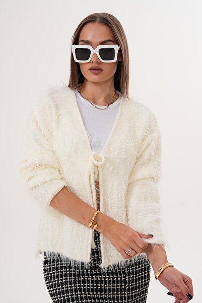 ŞİMAL Women's Feather Detailed Front Tie Knit Cardigan 255089 -