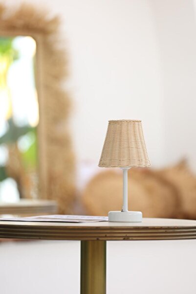 Maison Avf Rattan & Bambu Kablosuz Pilli Abajur Masa Lambası - Alt Uzun Beyaz