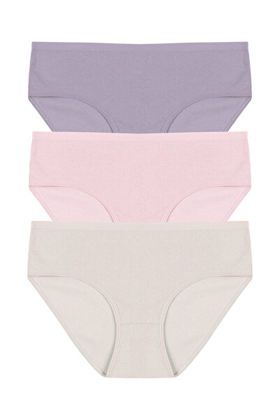 koza iç giyim Kadın 3'lü Desenli Kaşkorse Pamuklu Yüksek Bel Bato