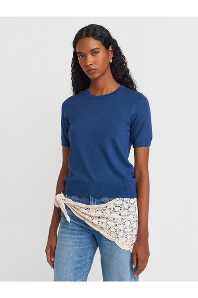 Dilvin 10779 Crew Neck Short Sleeve Basic Knitwear Blouse-Indigo