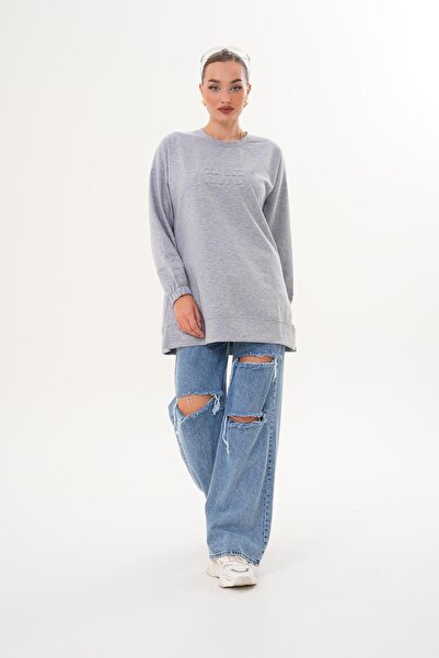 WestBound Gray Mi̇u Embossed Print Crew Neck Hijab Sweatshirt Tunic 712