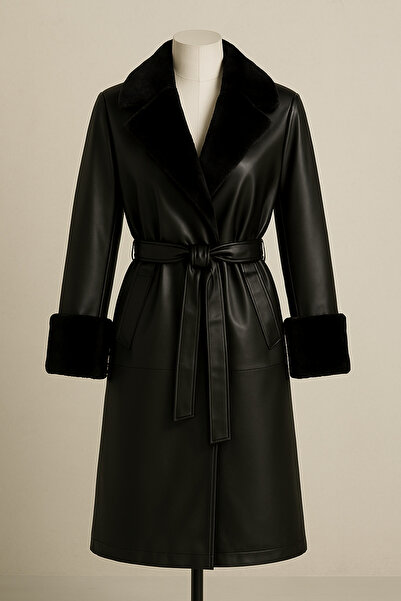 BLESSİNGTR Women's Leather Trench Coat with Fur Collar and Sleeves