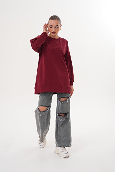 WestBound Bordo Mi̇u Embossed Print Crew Neck Hijab Sweatshirt Tunic 712
