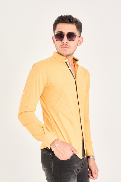jack carisma Yellow Polka Dots Printed Poplin Cotton Lycra Slim Fit Men's Shirt