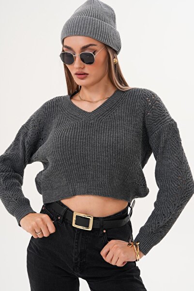 ŞİMAL Women's V-Neck Sleeves Patterned Knitwear Knitted Sweater 255111 -