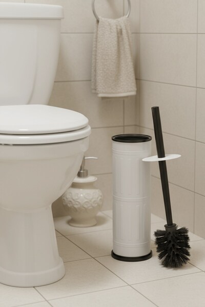 Sas Haus Vintage White Wc Toilet Brush – Stand with Metal Closed Bowl, (8.5 X 36 cm) Ergonomic Handle, Hygienic
