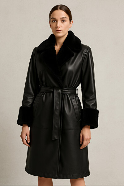 BLESSİNGTR Women's Leather Trench Coat with Fur Collar and Sleeves