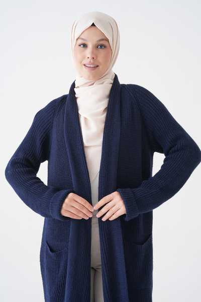lovebox Women's Navy Blue Knitwear Fabric Double Pocket Design Shawl Collar Long Hijab Clothing Cardigan 5001
