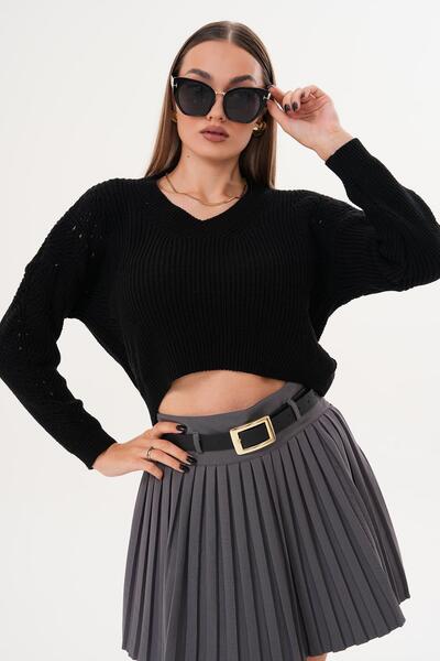 ŞİMAL Women's V-Neck Sleeves Patterned Knitwear Knitted Sweater 255111 -
