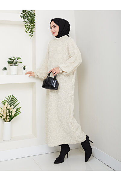 Kirazgym Sand-Colored Rope Bud Pattern Balloon Sleeve Detail Long Knit Dress