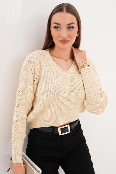 ŞİMAL Women's V-Neck Sleeves Patterned Knitwear Knitted Sweater 255111 -