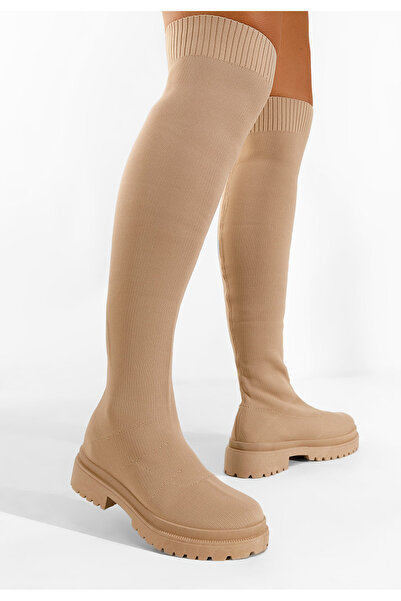 B T Shoes Khaki vysoké kozačky na plochém podpatku Oluvera V2