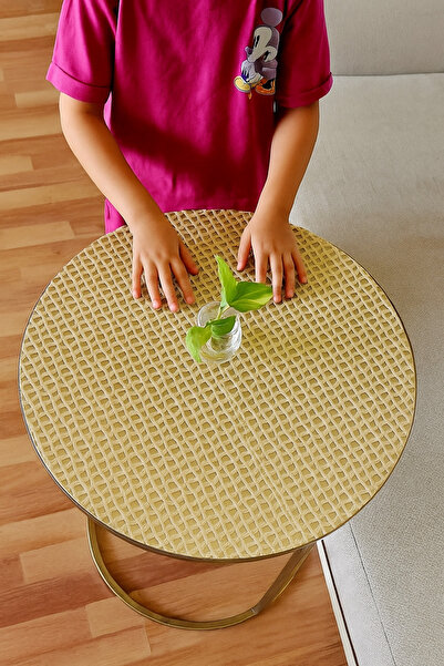 Rona Home Gold Desenli 3’lü Sehpa Örtüsü Takımı Yıkanabilir PVC Çeyizlik Kolay Temizlenen Klasik Lüks Model