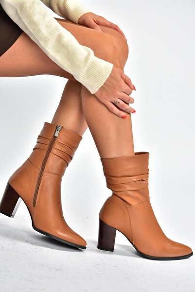 Fox Shoes V398095103 Taba Hakiki Deri Kalın Topuklu Kadın Bot