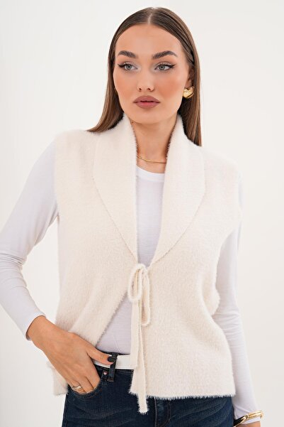 ŞİMAL Women's Feathered Front Tie Shawl Collar Vest 255090 -