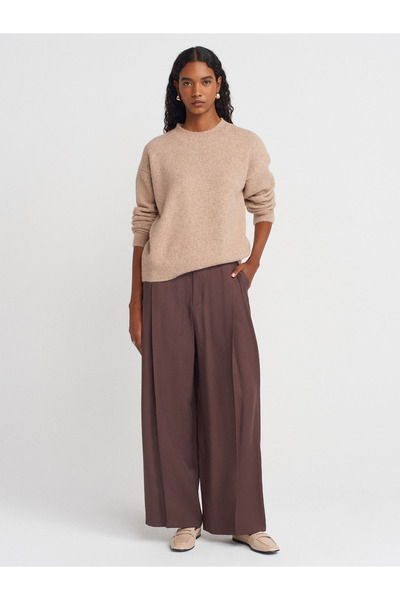 Dilvin 10640 Pulover tricotat cu textura moale cu gât rotund - Bej Mel.