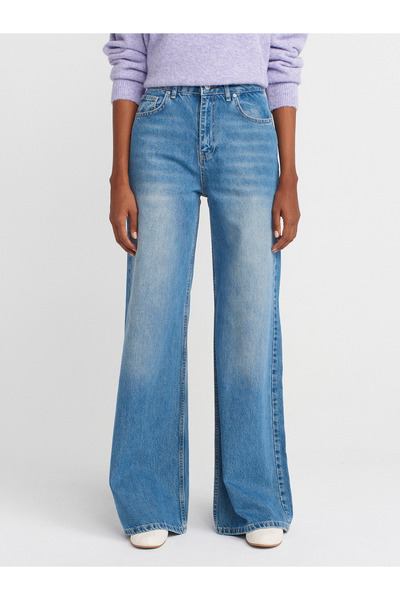 Dilvin 72036 Basic Geniş Wideleg Denim Pantolon-Mavi