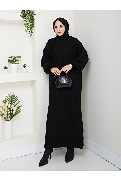 Kirazgym Sand-Colored Rope Bud Pattern Balloon Sleeve Detail Long Knit Dress