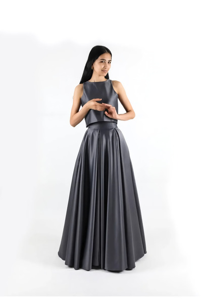 MadyaButik Women's Elegant Slit Detailed Gray Satin A-Line Pleated Skirt