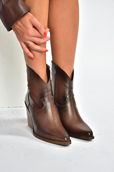 Fox Shoes V654081903 Kahverengi Hakiki Deri Kalın Topuklu Western Kovboy Kadın Bot