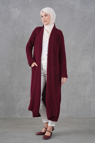 4S1B FASHION Burgundy Knitwear Fabric Double Pocket Shawl Collar Long Hijab Clothing Cardigan 5001