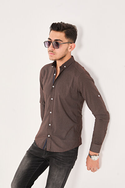 jack carisma Мъжка риза от поплин памук и ликра с принт на кафяви точки, с тясна кройка