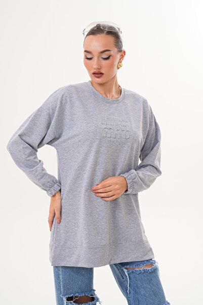 WestBound Gray Mi̇u Embossed Print Crew Neck Hijab Sweatshirt Tunic 712