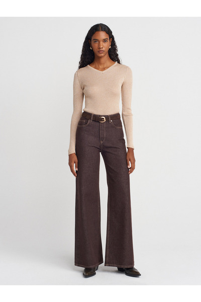 Dilvin 10803 V-Neck Glitter Knit Sweater-Beige