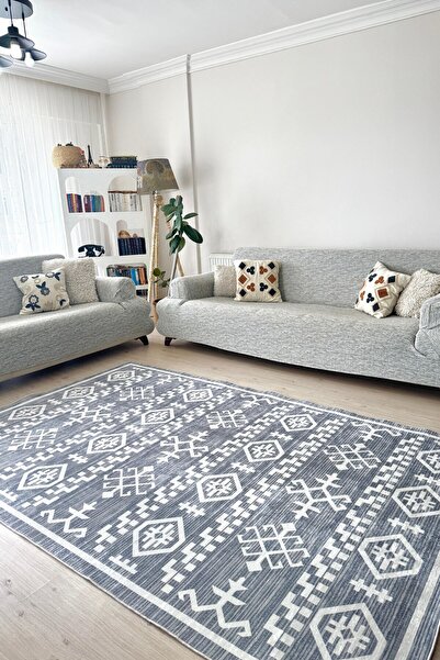VOPTEKS Gri Beyaz Halı Salon Halısı Makinede Yıkanabilir Halı Kaymaz Taban Halı