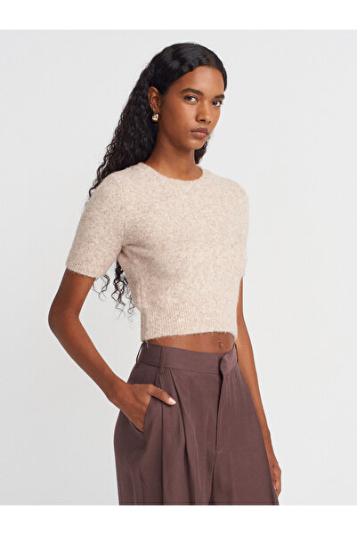 Dilvin 10651 Pulover tricotat cu mânecă scurtă, cu textura moale, cu gât rotund - Bej Melange