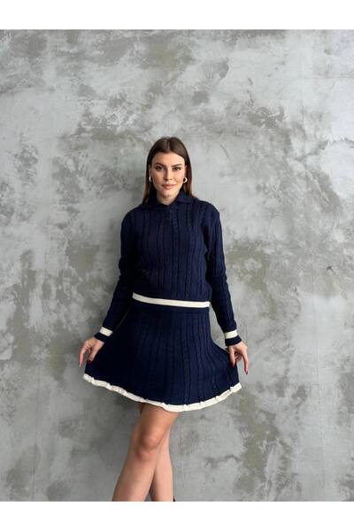 ZF BUTİK Жіночий трикотажний комплект з сорочкою на ґудзиках та спідницею з коміром-поло