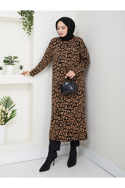 FERHEL Loepar Pattern Soft Rope Steel Mesh Long Knitwear Dress