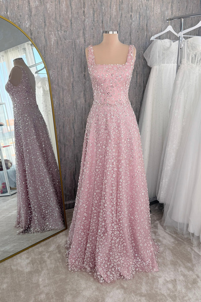Lenta Moda Pudra Kare Yaka Çıkarılabilir Etek Detaylı Dantel Kaplama Kına Elbisesi