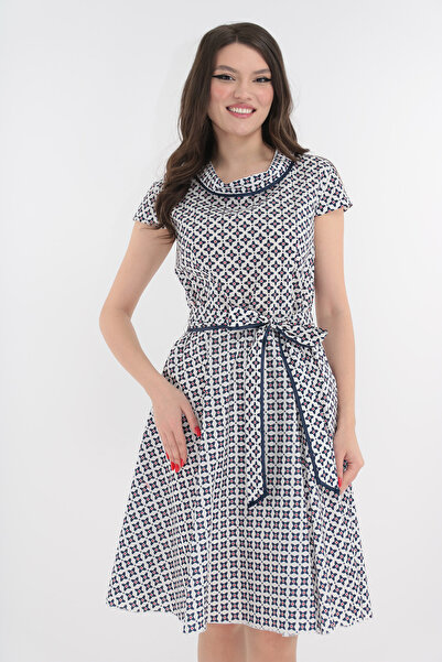 Vanessa Line RO White wrap dress with navy-red geometric pattern