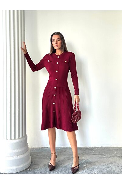 Lusin Kadın Bordo Şık Gold Düğme Detaylı Zarif Uzun Kol Triko Elbise