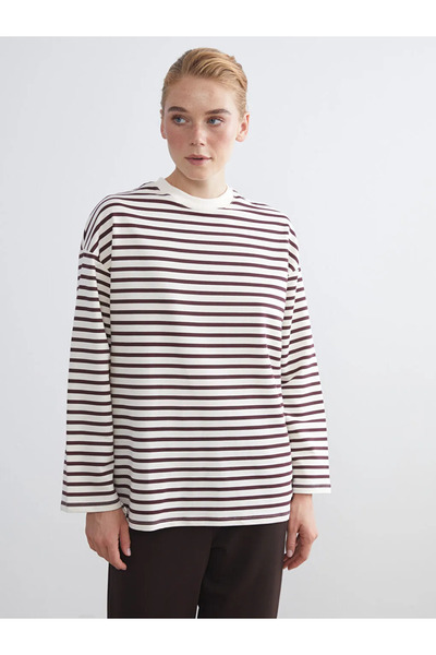 LC Waikiki LCW Modest Mürdüm Bisiklet Yaka Çizgili Kadın Sweatshirt Tunik