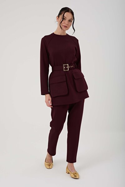 Jupe طقم نسائي مكون من قطعتين من قماش السكوبا الحريري مع مشبك حزام 8566