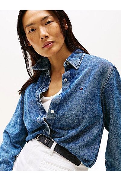 Tommy Hilfiger Kadın Normal Kalıp Gömlek Yaka Uzun Kollu Denim Mavi Gömlek WW0WW47219-1A5