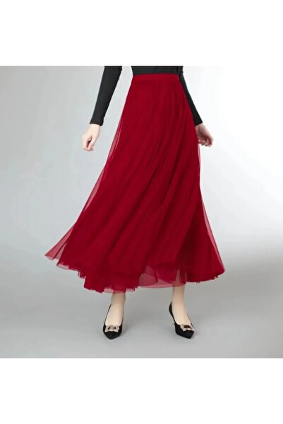 MadyaButik Μπορντό Χρώμα 3 στρώσεων Μίντι Φούστα από Τούλι Άνετη Ψηλόμεση Φού...